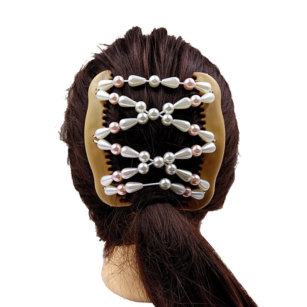 Women Lady Beaded Pearls Magic Elastic Hair Clips Stretchy Double Hair Combs