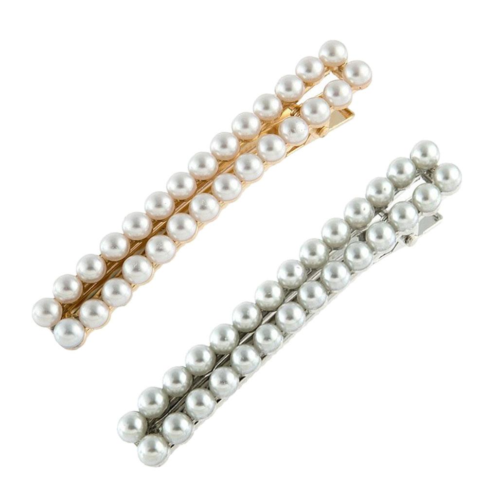 Fashion alloy side clip long thin rectangle Pearl Rhinestone hairpin Golden