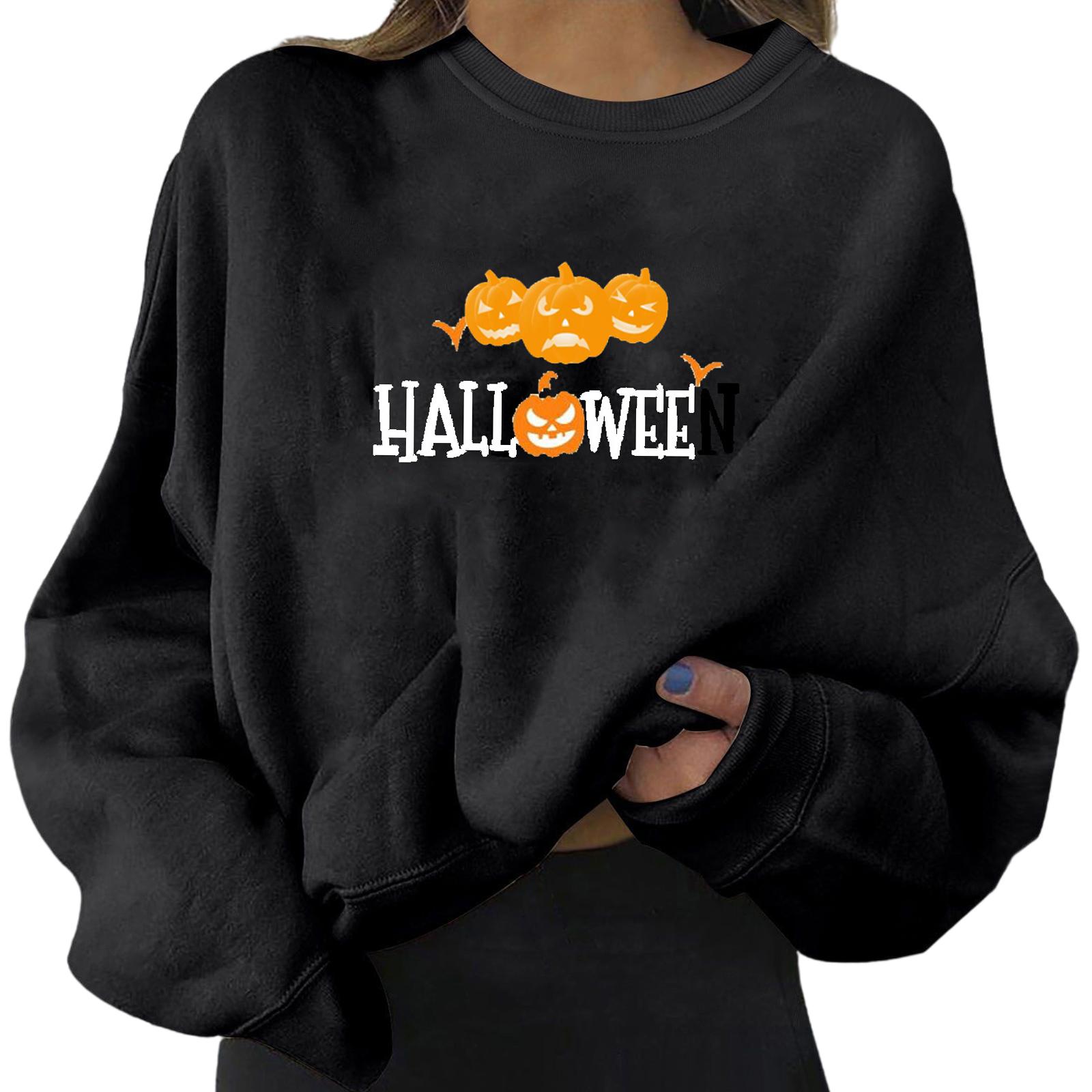 Fall Halloween Sweatshirts Pullover Tops for Women pumpkins black L