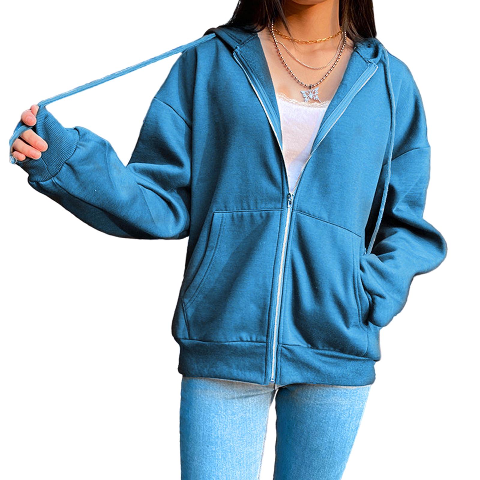Cotton Blend Zipper Hoodie Blue L