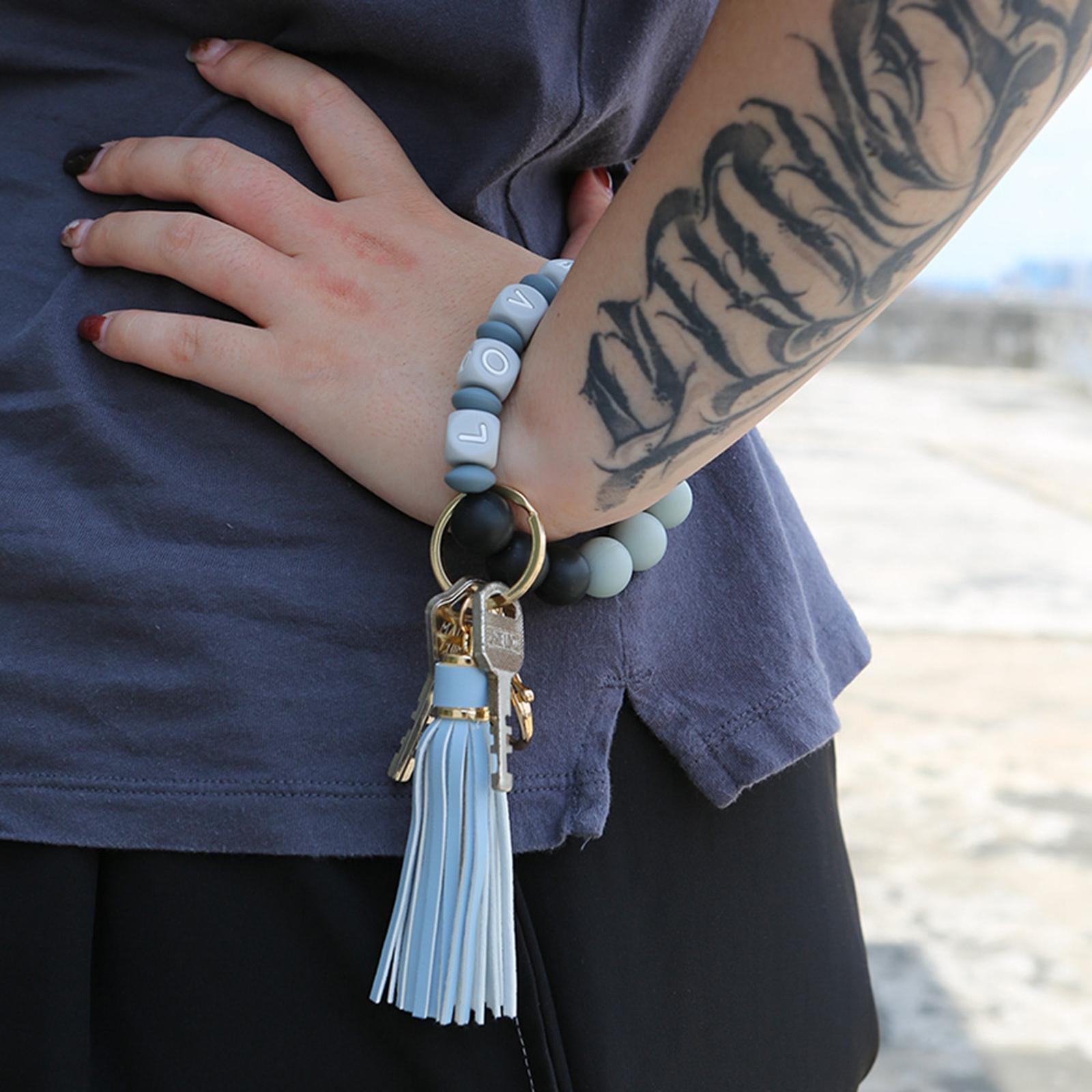 Soft Wristlet Keychain Bracelet with Tassel Tassel Girl Keyring PU Leather B