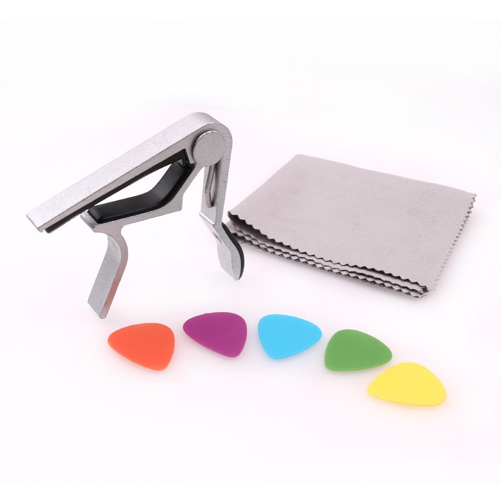 Guitar Capo+5 Pcs Guitar Pick +Wipe Cloth Musical Maintenance Tool  Silver