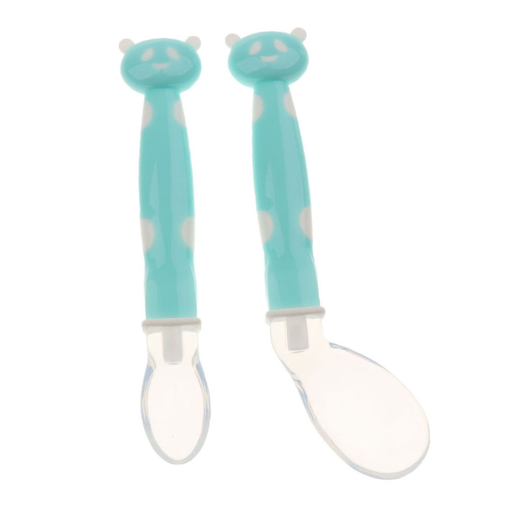 2Pcs Baby Bent-Handled Spoon Weaning Soft Silicone Head Tableware Blue