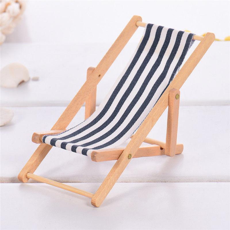 Wooden Lounge Chair Blue White Striped 1/12 Dollhouse Miniature Furniture