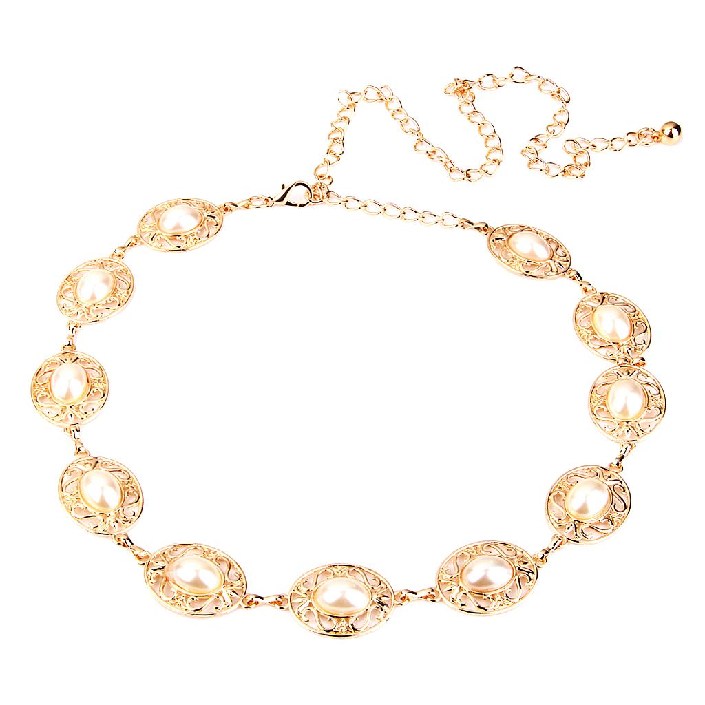 Ladies White Faux Pearl Beads Waist Chain Belt in Gold