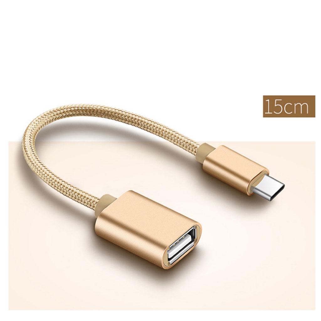 Nylon Braided Type-C Male to USB 2.0 Type-A Female Adapter OTG Host Cable, Charger Data Sync Cord 15cm Gold