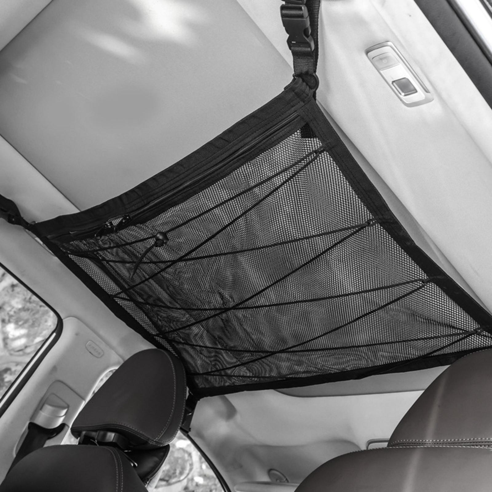 Double Layer Car Ceiling Storage Net Adjustable for Towels Tent SUV Black 80cmx55cm