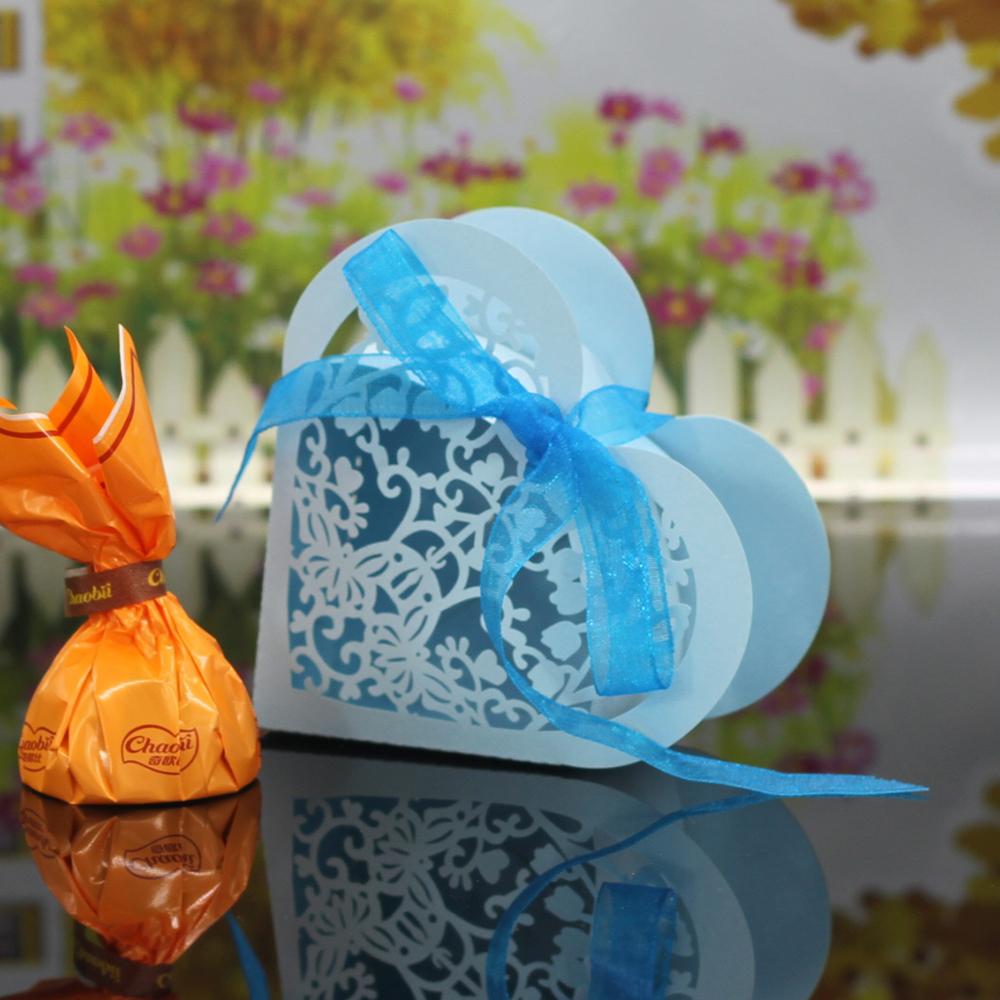 20x Heart Paper Cut Candy Sweet Box w/ Ribbon Wedding Party Favor Gift Blue