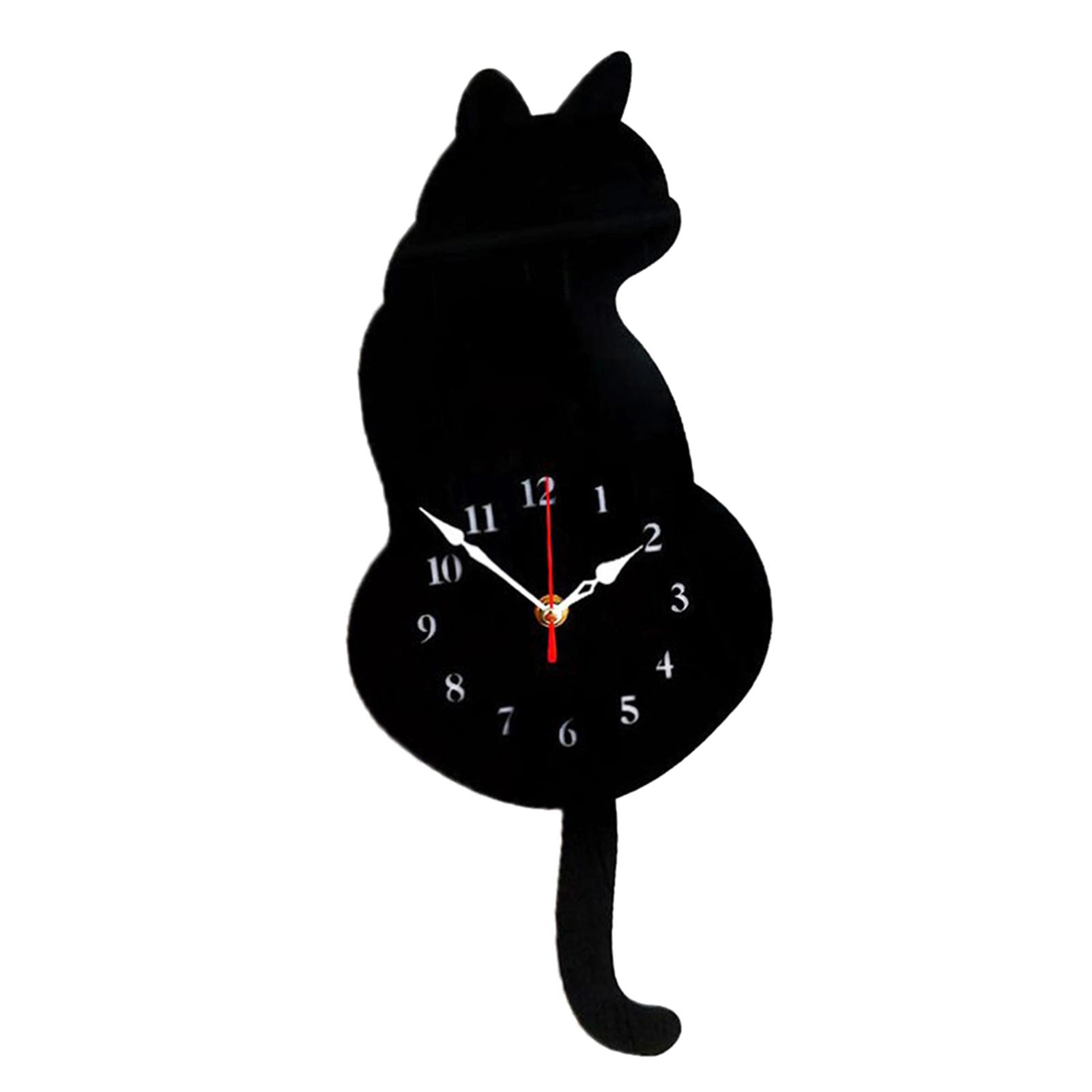 Cute 3D Tail Wagging Cat Wall Clock for Bedroom Home Decor Black Cat