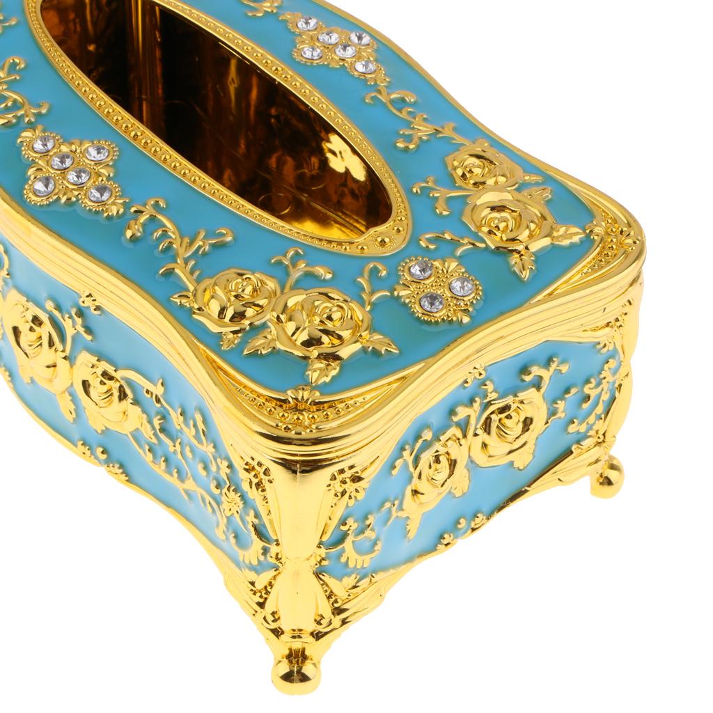 European Style Acrylic Tissue Box Luxurious Rose Napkin Cover  Golden Blue