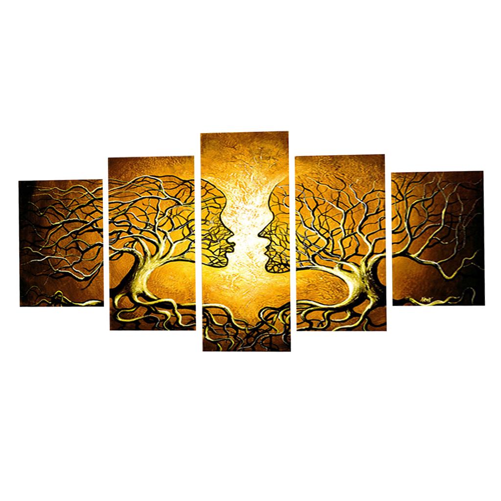 5 Panels HD Modern Abstract Paintings Home Decor Yellow Face Tree Branch