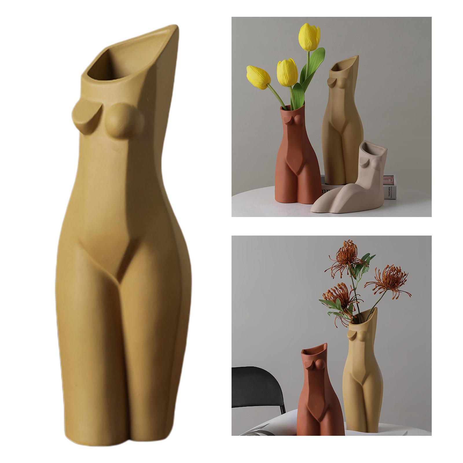 Ceramic Female Body Vase Plants Pot Statues Desk Decor Yellow 9x10x29cm