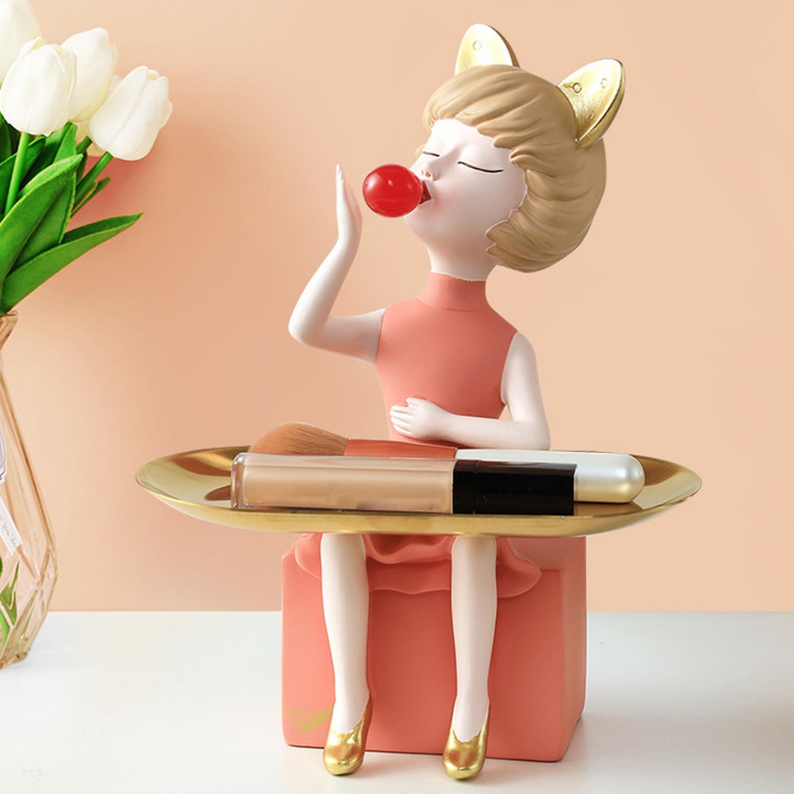 Bubble Girl Statue Jewelry Storage Plate Resin Figurine Desk Decor Pink