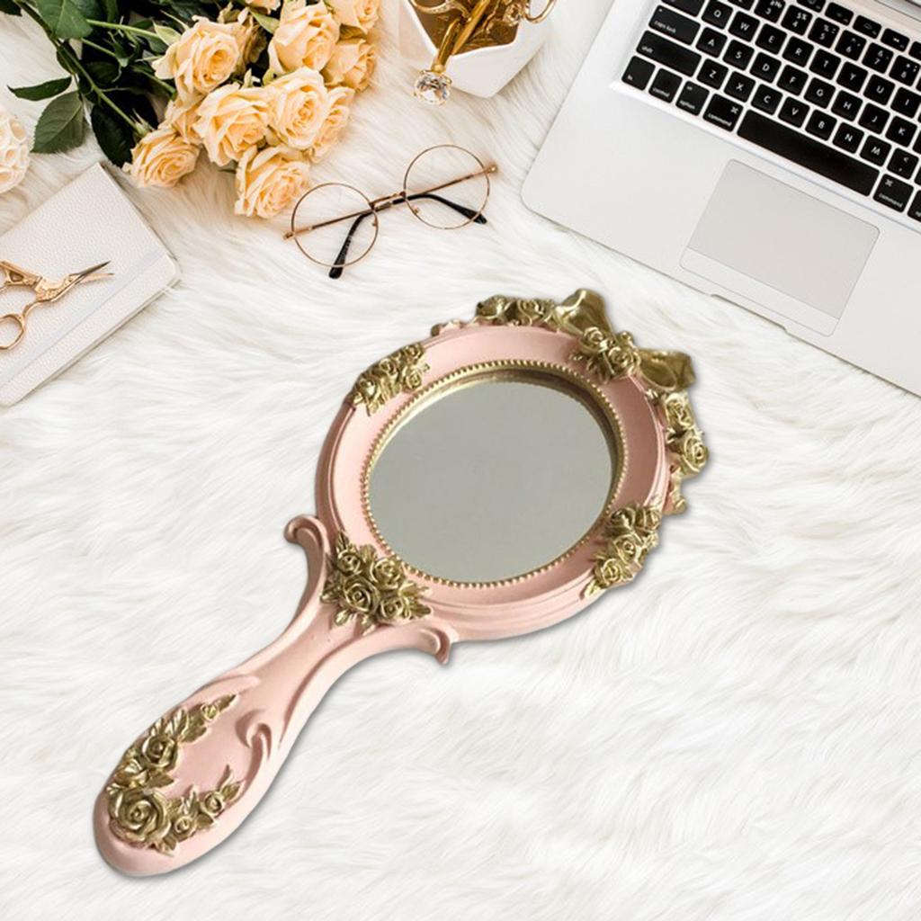 Handheld Mirror with Embossed Rose Pattern for Makeup, Oval Shape Pink