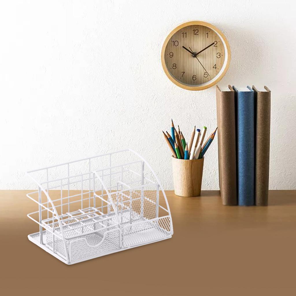 Mesh Iron Desk Organizer Multi-use Stationery Desktop Storage Holder  White