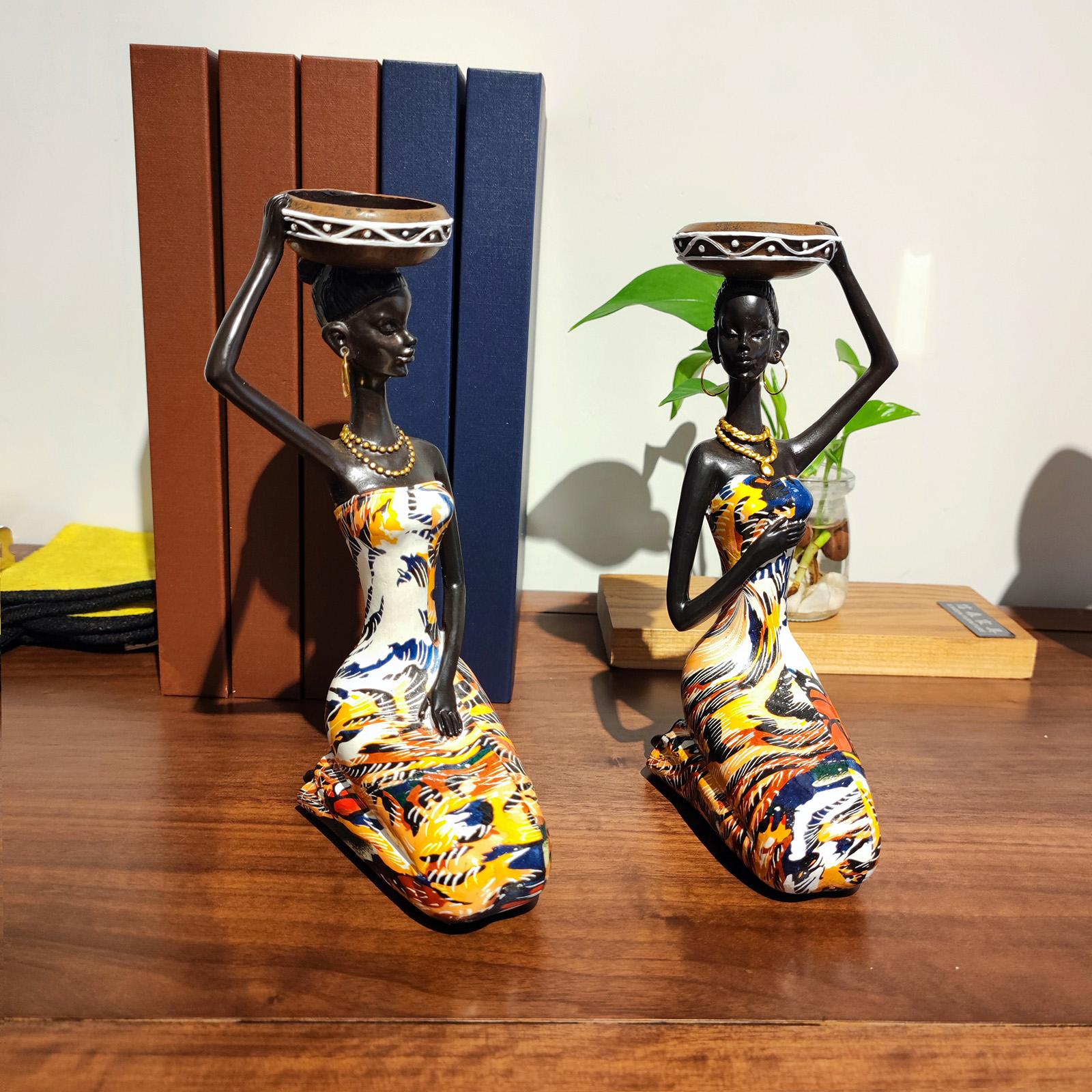 2Pcs African Figure Candle Holder Sculpture Statue Candleholder Centerpieces Sitting Yellow