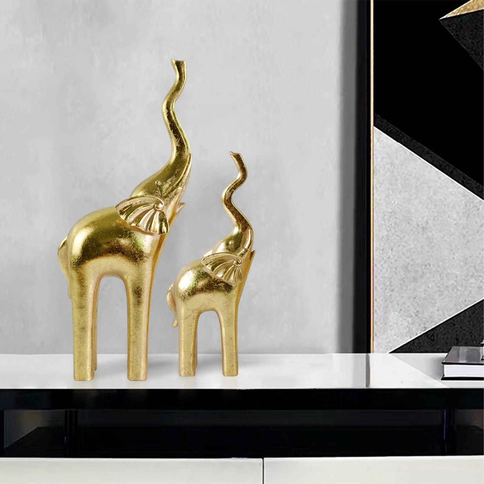 2x Elephant Statue Figurines Desktop Mother Baby Living Room Ornament Gold