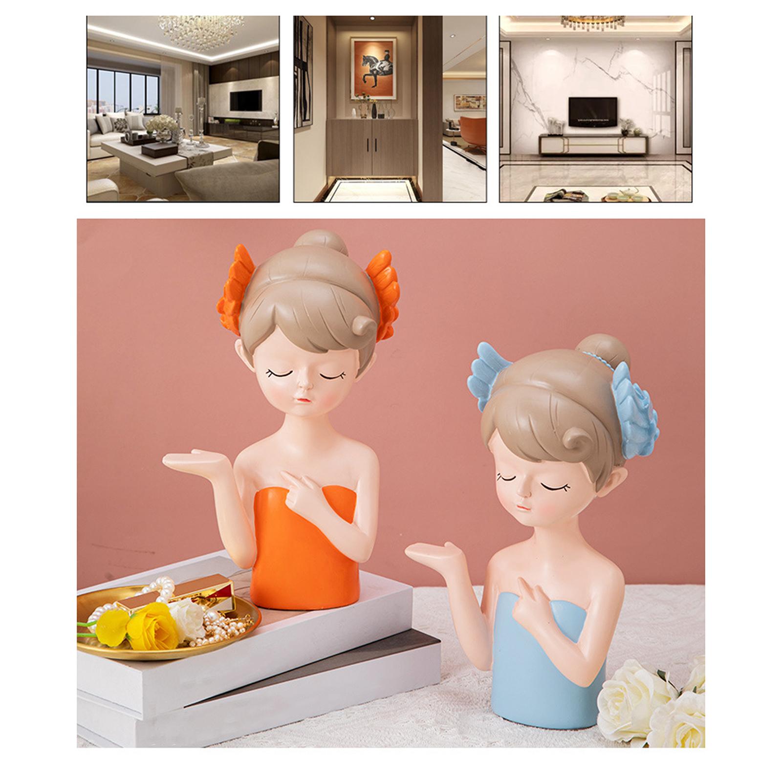 Girl Figurine Holding Storage Tray Sculpture for Bedroom Living Room Blue