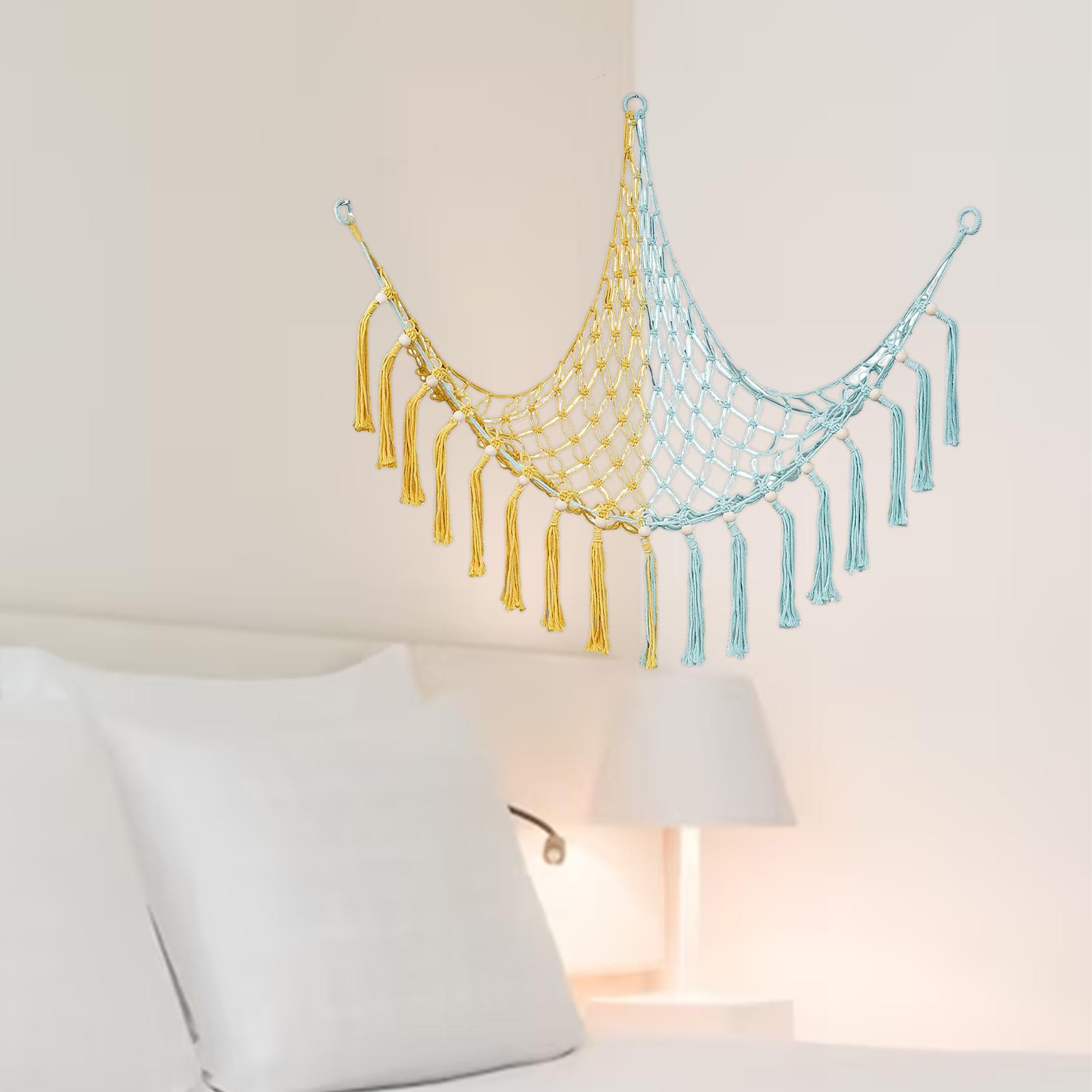 Creative Toy Hammock Wall Mounted Children Toy Holder with Tassels Decor 100cmx100cmx130cm Yellow and Blue