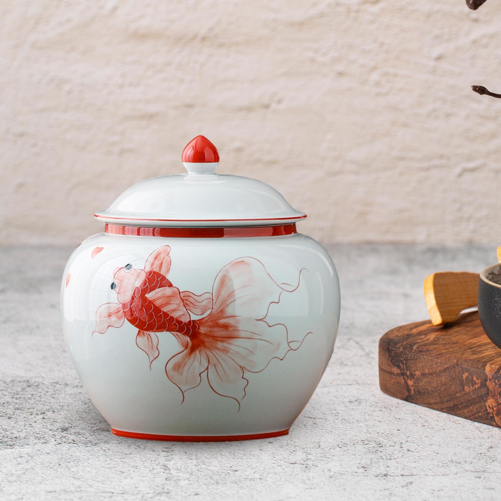 Ceramic Ginger Jar Tea Storage Jar Handicraft Floral Arrangement Traditional Fish Red S