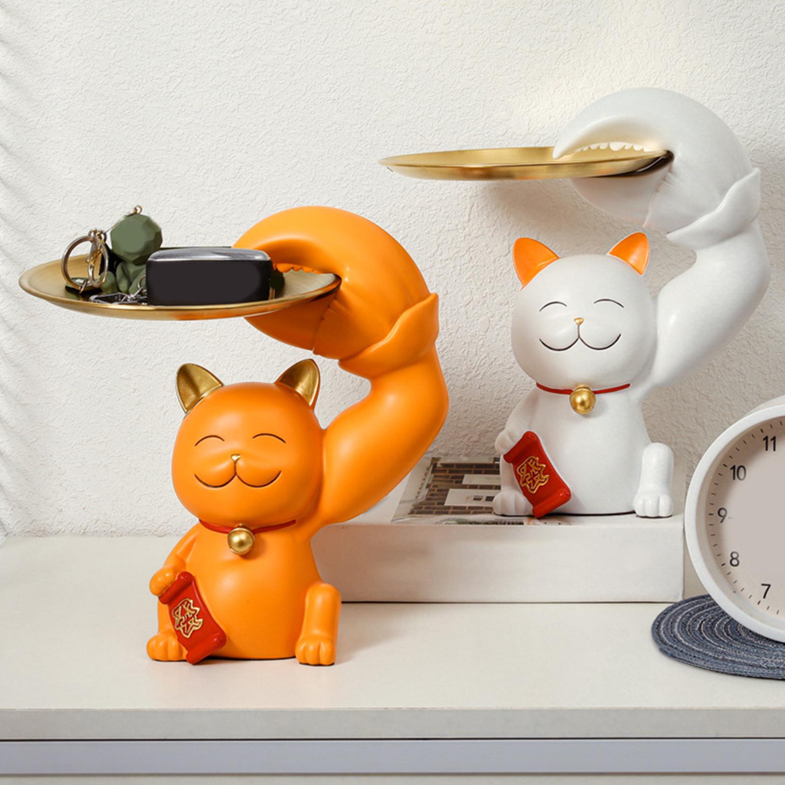 Cat Statue Resin Sculpture Creative Tray Storage for Party Drawing Room Home Orange