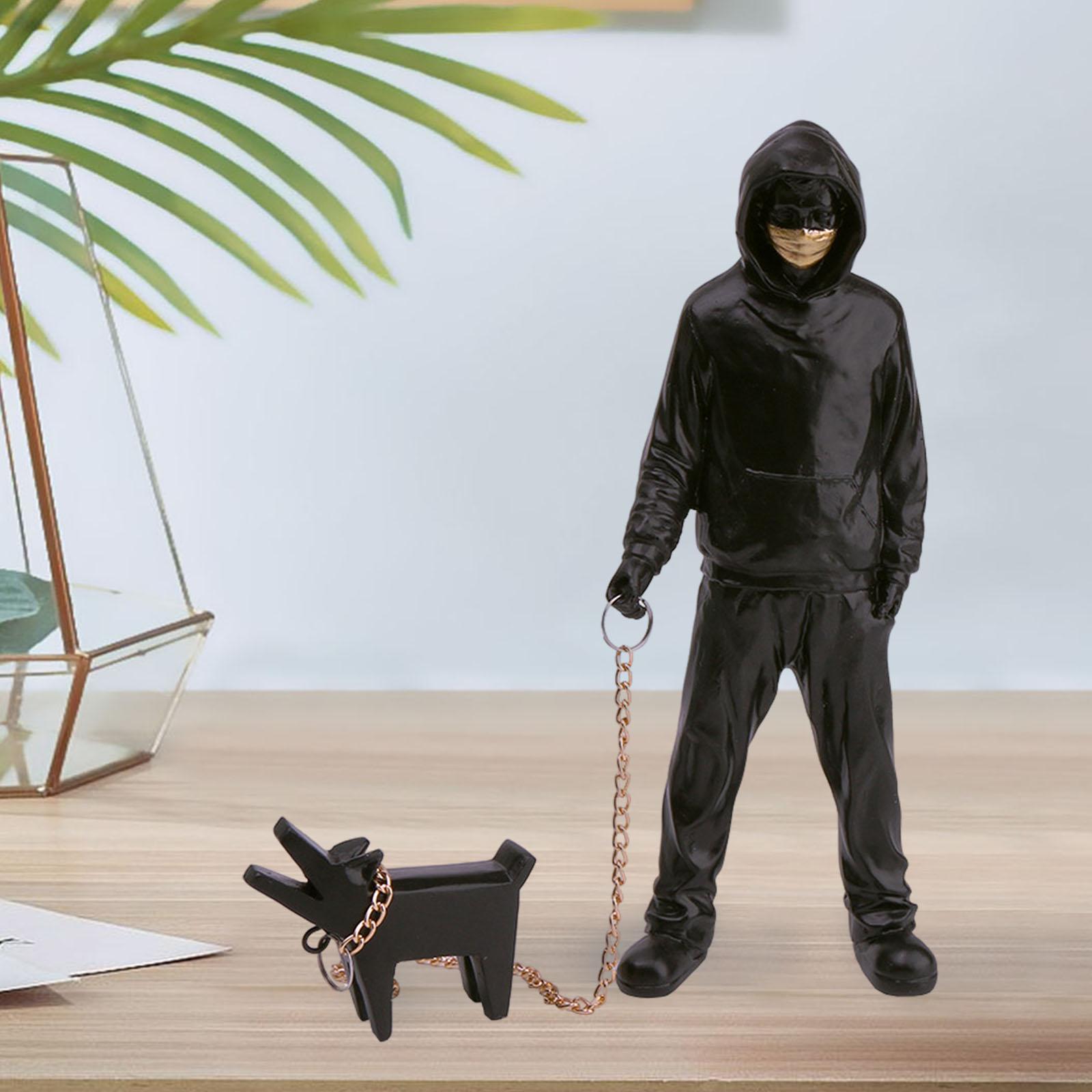 Dog Walker Statue Abstract Human Sculpture Housewarming Dorm Resin Figurines Black