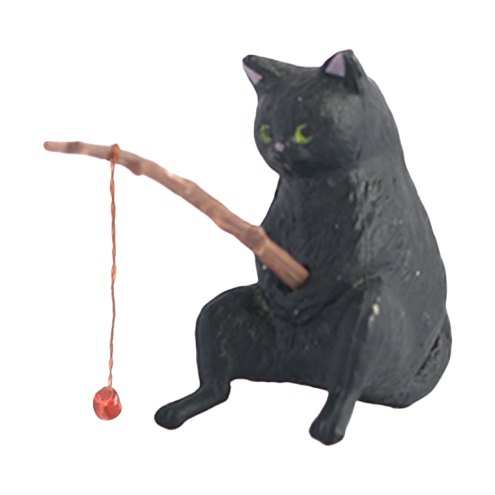 Cat Fishing Figurine Decorative Kitten Fishing Ornament for Garden Black