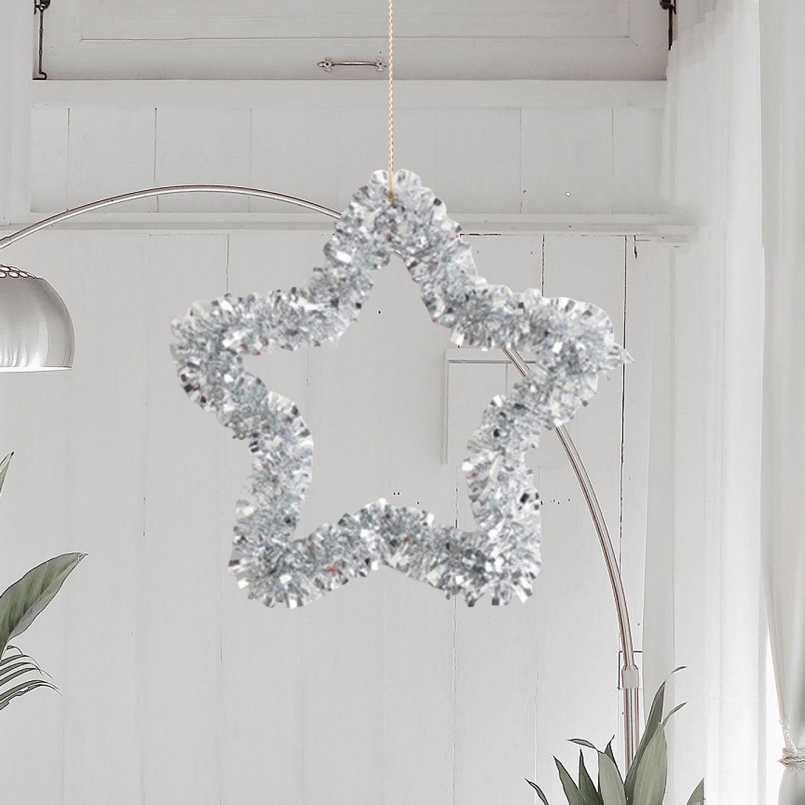 Tinsel Garland Christmas Pendant Pentagram Wreath for Front Door Garden Xmas Silver