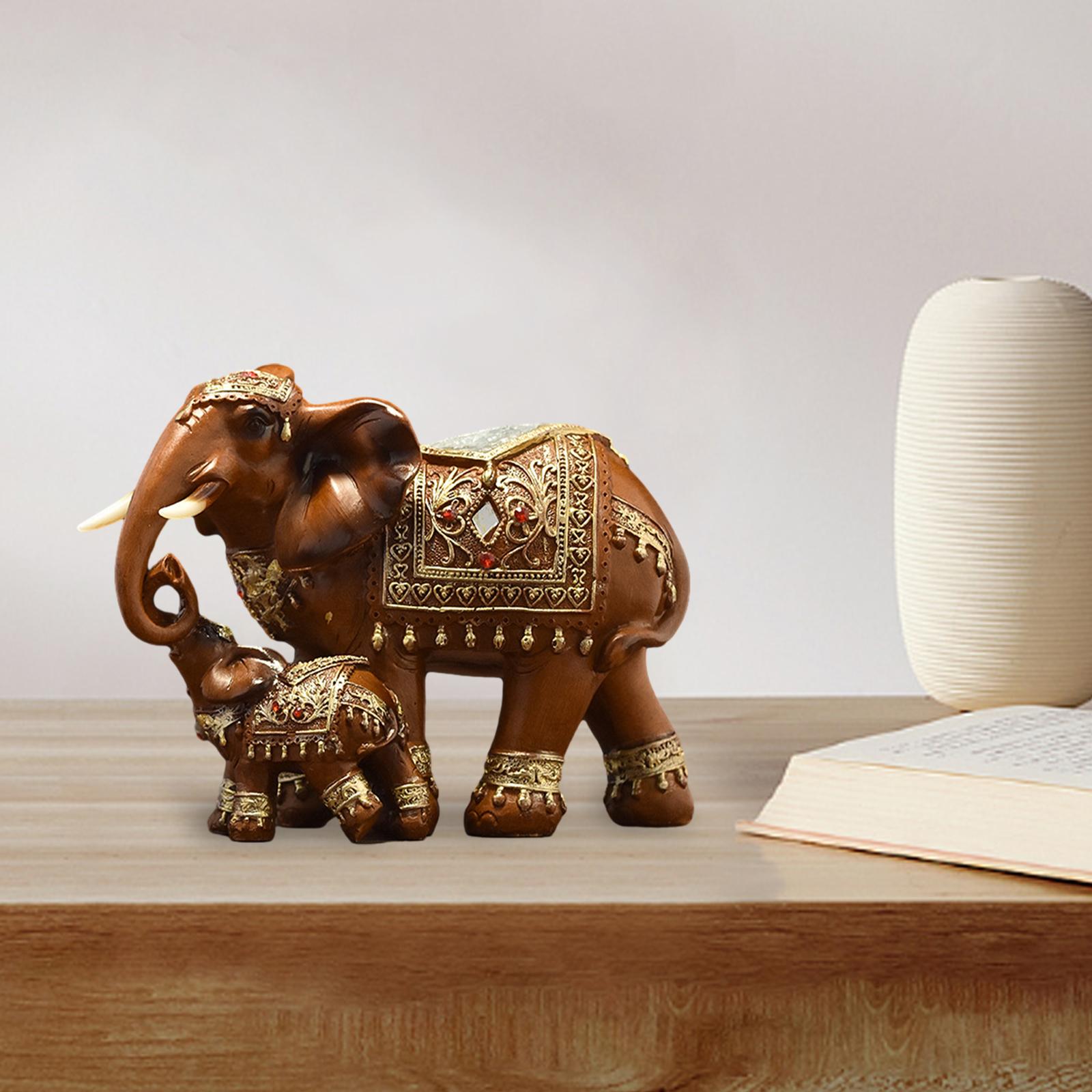 Elephant Family Statues Standing Figurines for Household Kitchen Dining Cute Brown
