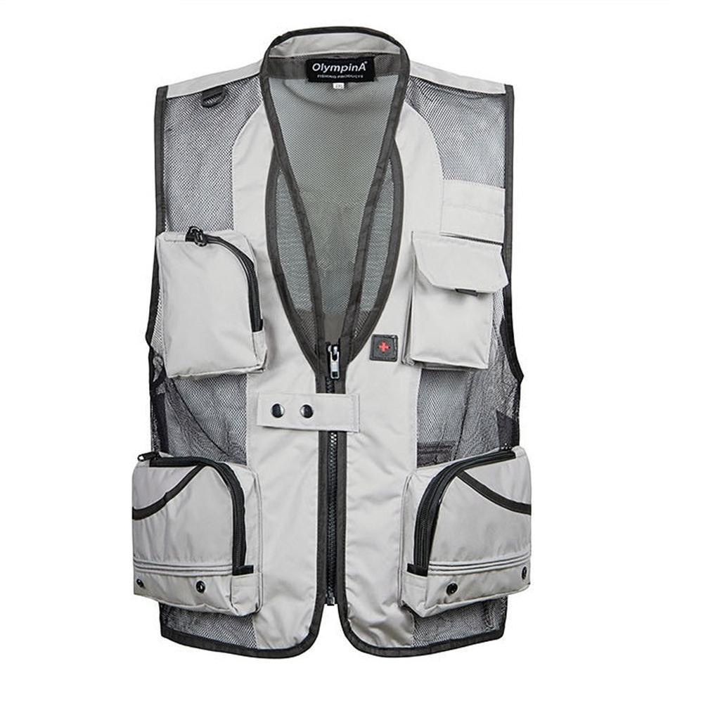 Multi-Pocket Fishing Mesh Vest Photography Quick-Dry Jacket XXL Light Grey