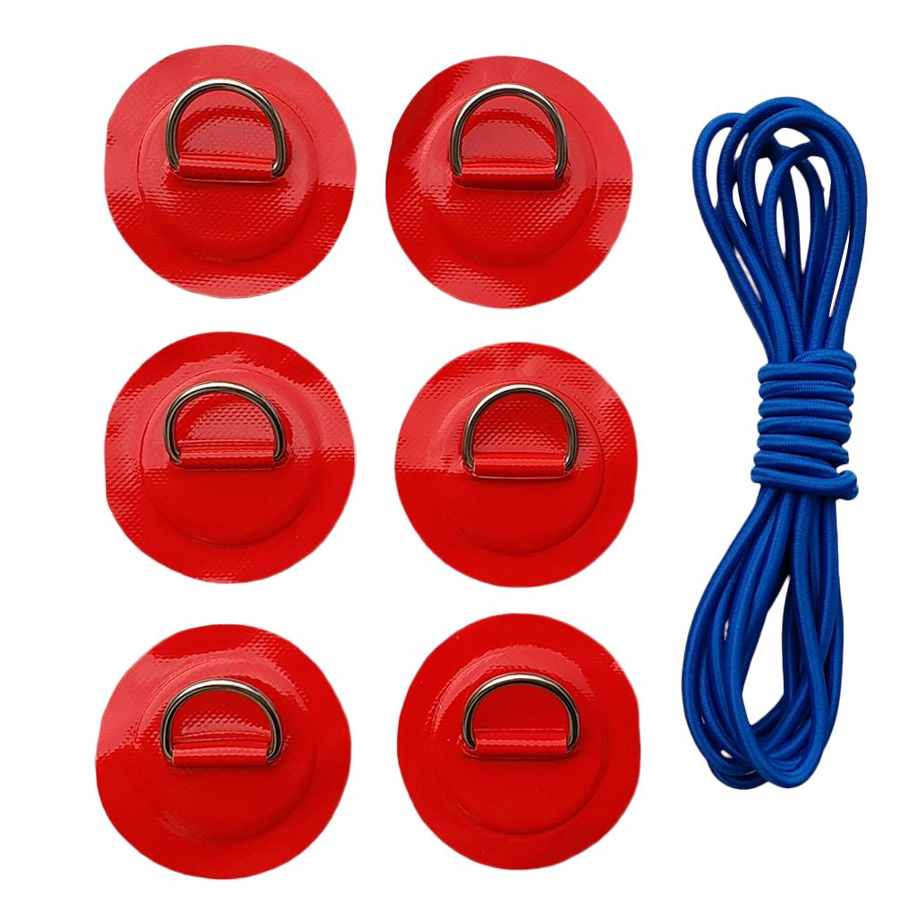 6 Pieces Inflatable Boat Kayak SUP D-ring Patch & Elastic Shock Cord Red