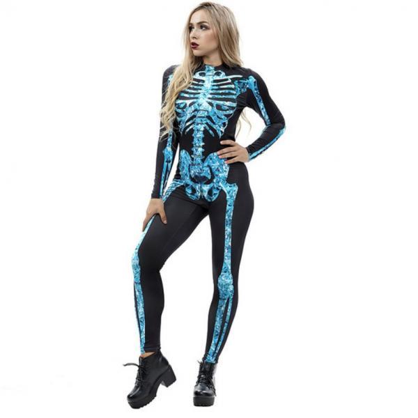 Halloween Skeleton Costume Women Horror Carnival Catsuit Jumpsuit Green M