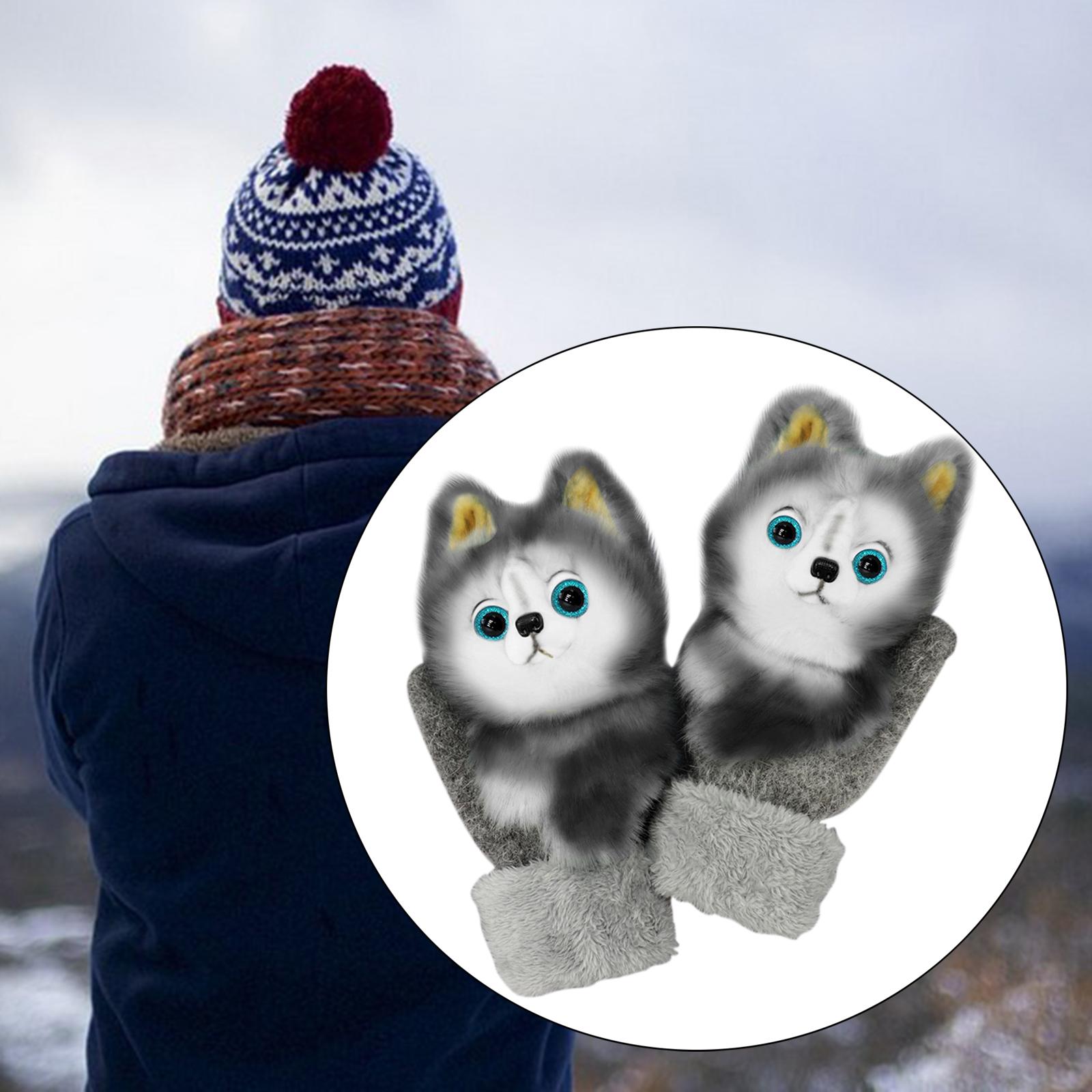 Woman Cartoon Winter Warm Mittens Full Finger Glove Knitted  Grey wolf