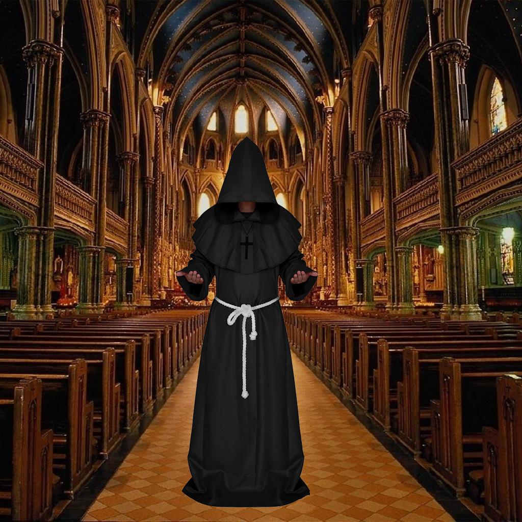 Friar Medieval Hooded Monk Priest Robe Cloak Costume Cosplay Black S