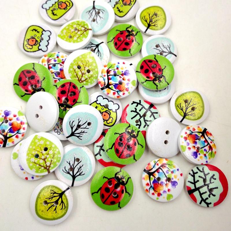 50Pcs Assorted Printed Wooden Buttons for Sewing and Crafts 20mm
