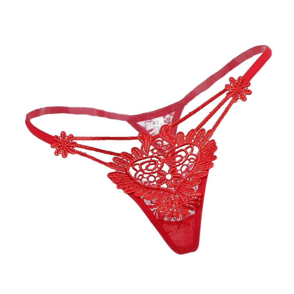 Women Sexy Embroidered Heart Shaped Lace Underwear G-string Briefs Red