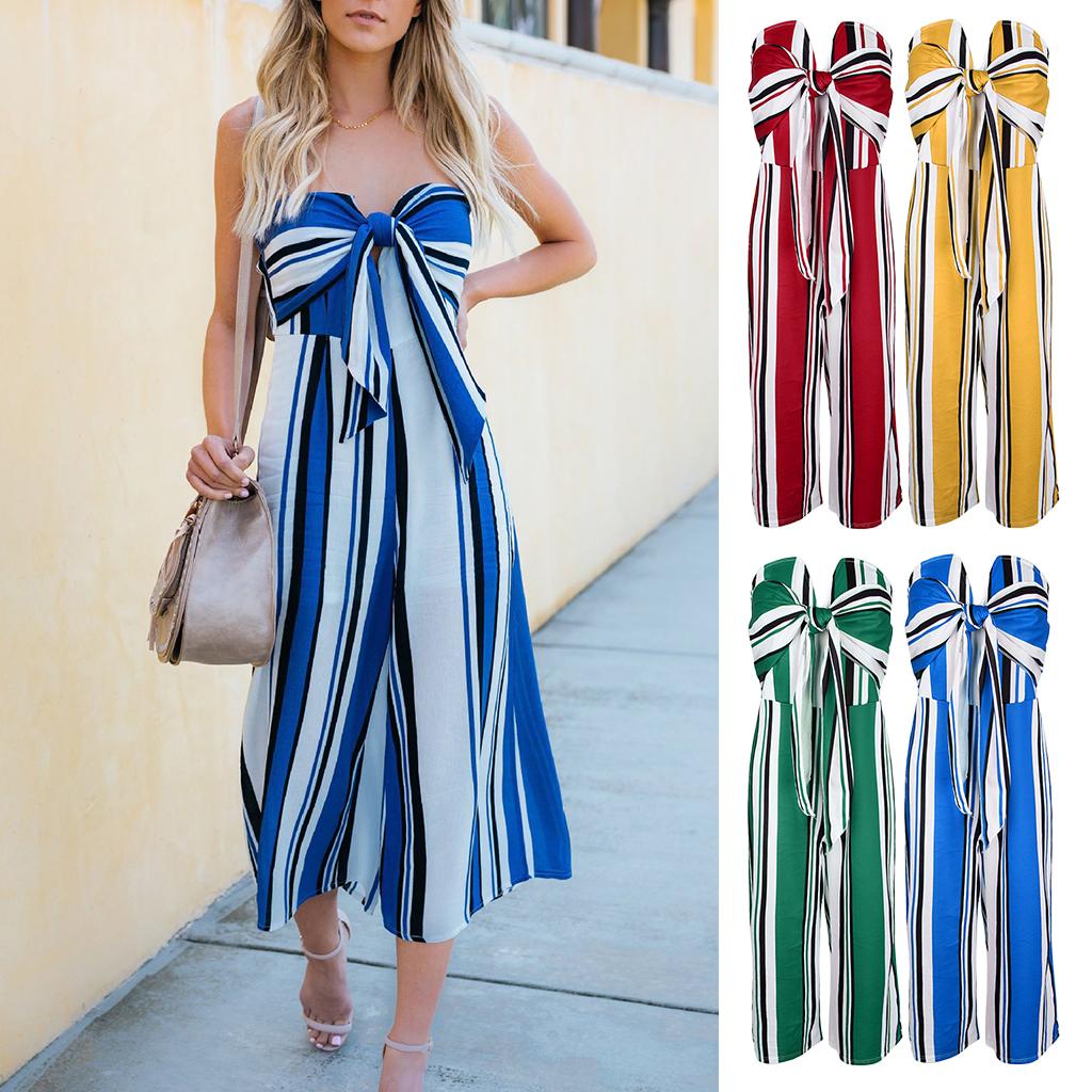 Striped Tie Front Strapless Jumpsuit Long Wide Leg Pants Romper S Yellow