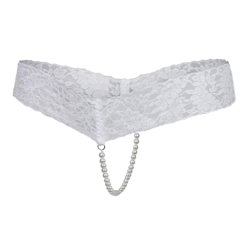 Sexy Women Crotchless Panties Sheer Lace Thong Underwear Pearls Strings ...