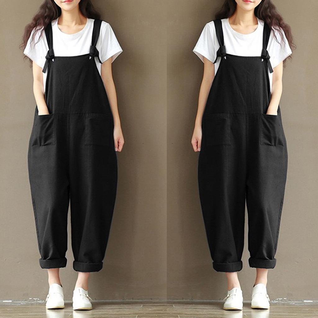 Women Loose Linen Pants Jumpsuit Strap Harem Trousers Overalls 2XL Black