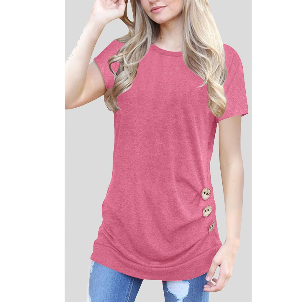 Women Casual Button T-Shirts Summer Short Sleeve Loose Blouse Tops M Pink