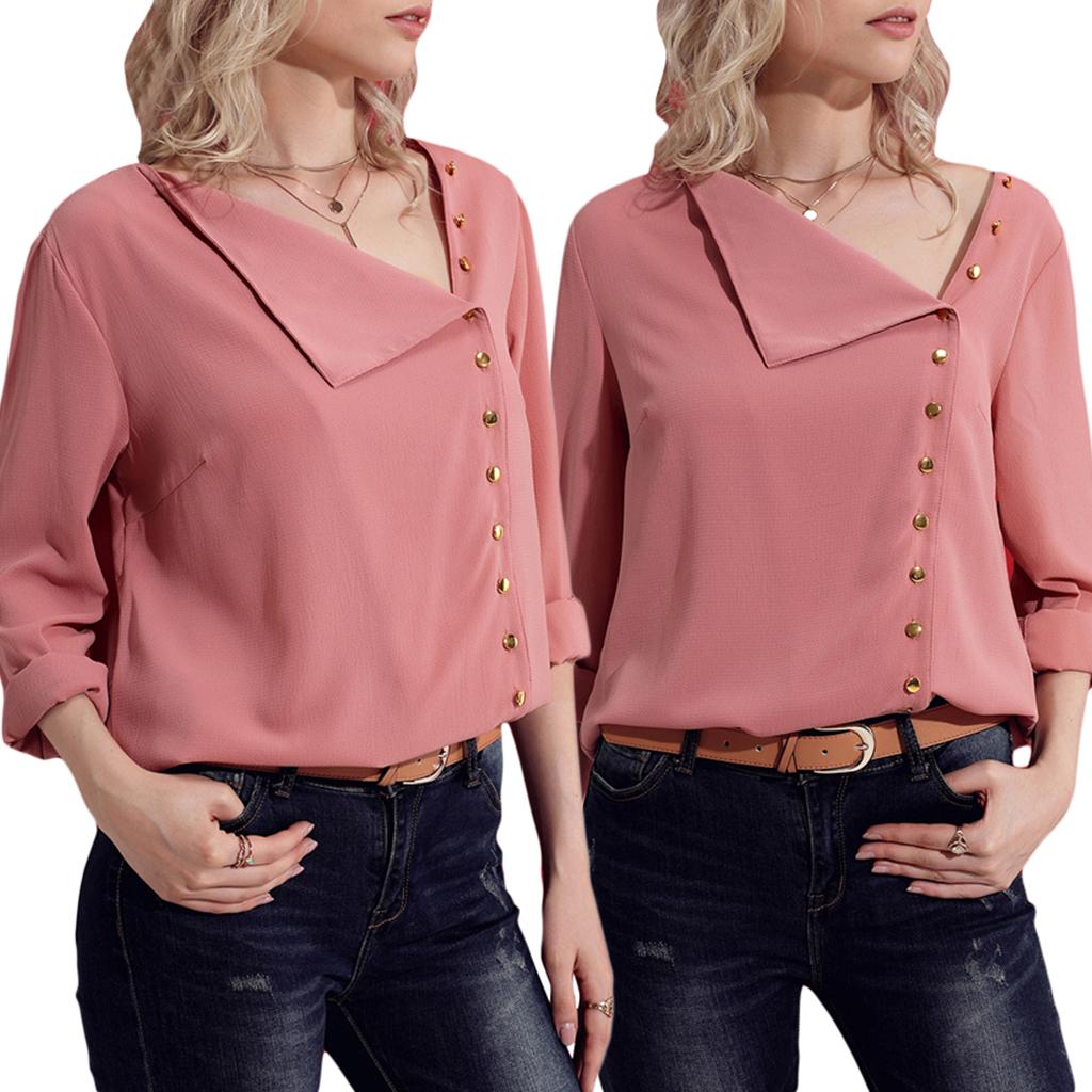 Solid Chiffon Turndown Collar Asymmetric Button Long Sleeve Blouse L Pink