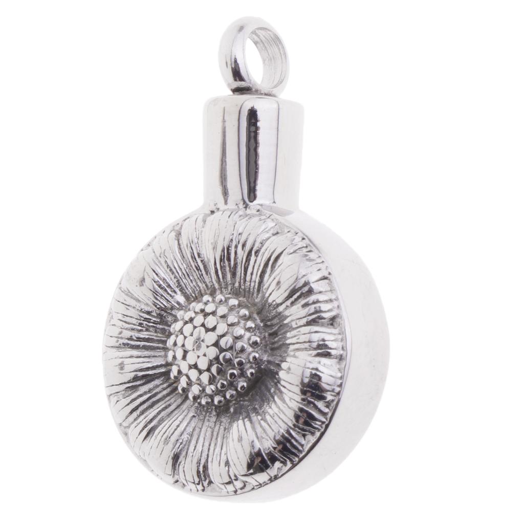 Round Stainless Steel Daisy Flower Carving Urn Pendant Memorial Ashes Holder