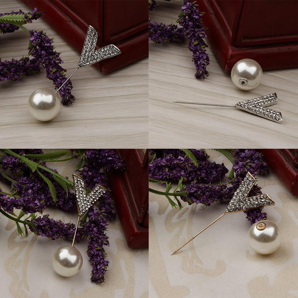 Elegant Men Women Rhinestone Paved V Shaped Pearl Stick Collar Pins Gold