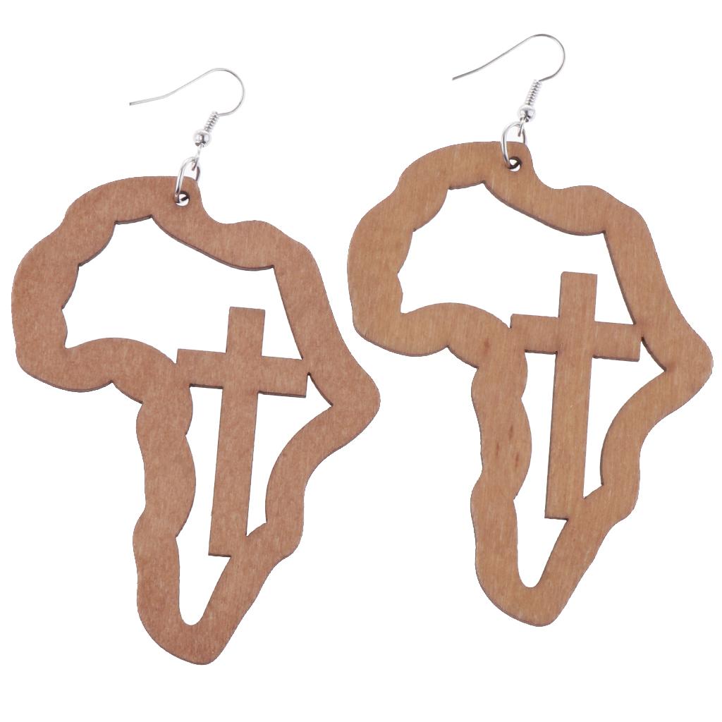 Exaggerate Geometric African Map Cross Wooden Dangle Earrings Light Coffee