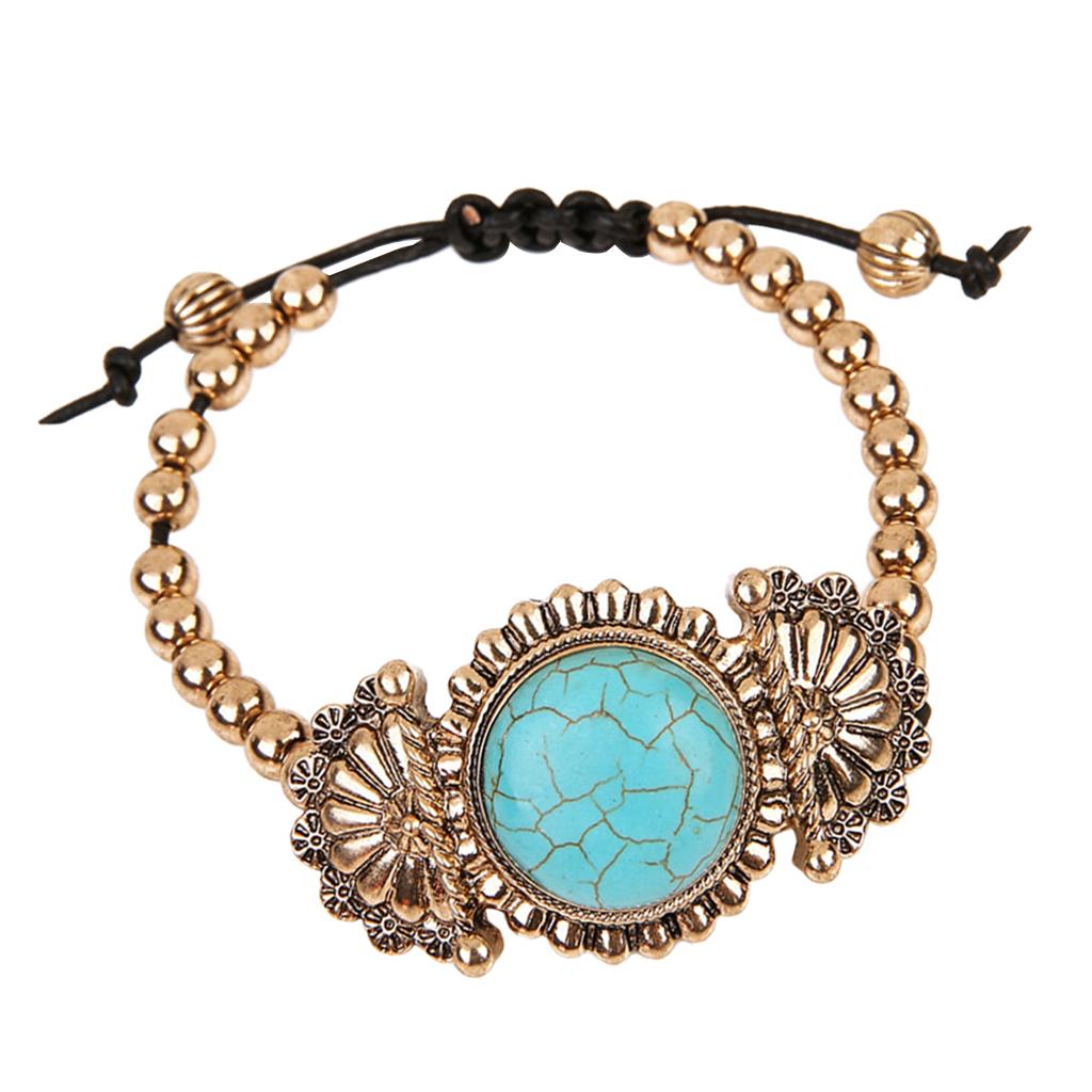 Retro Turquoise Drawstring Bracelet Bohemia Women Bangle Jewelry Gift Golden