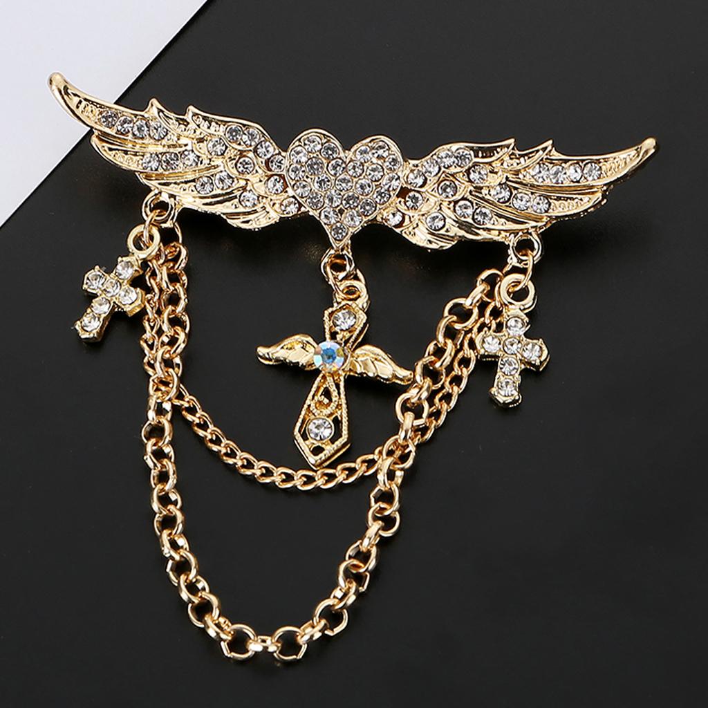 Classic Mens Suit Brooches Crystal Angel Wings Tassels Brooch Pins Gold