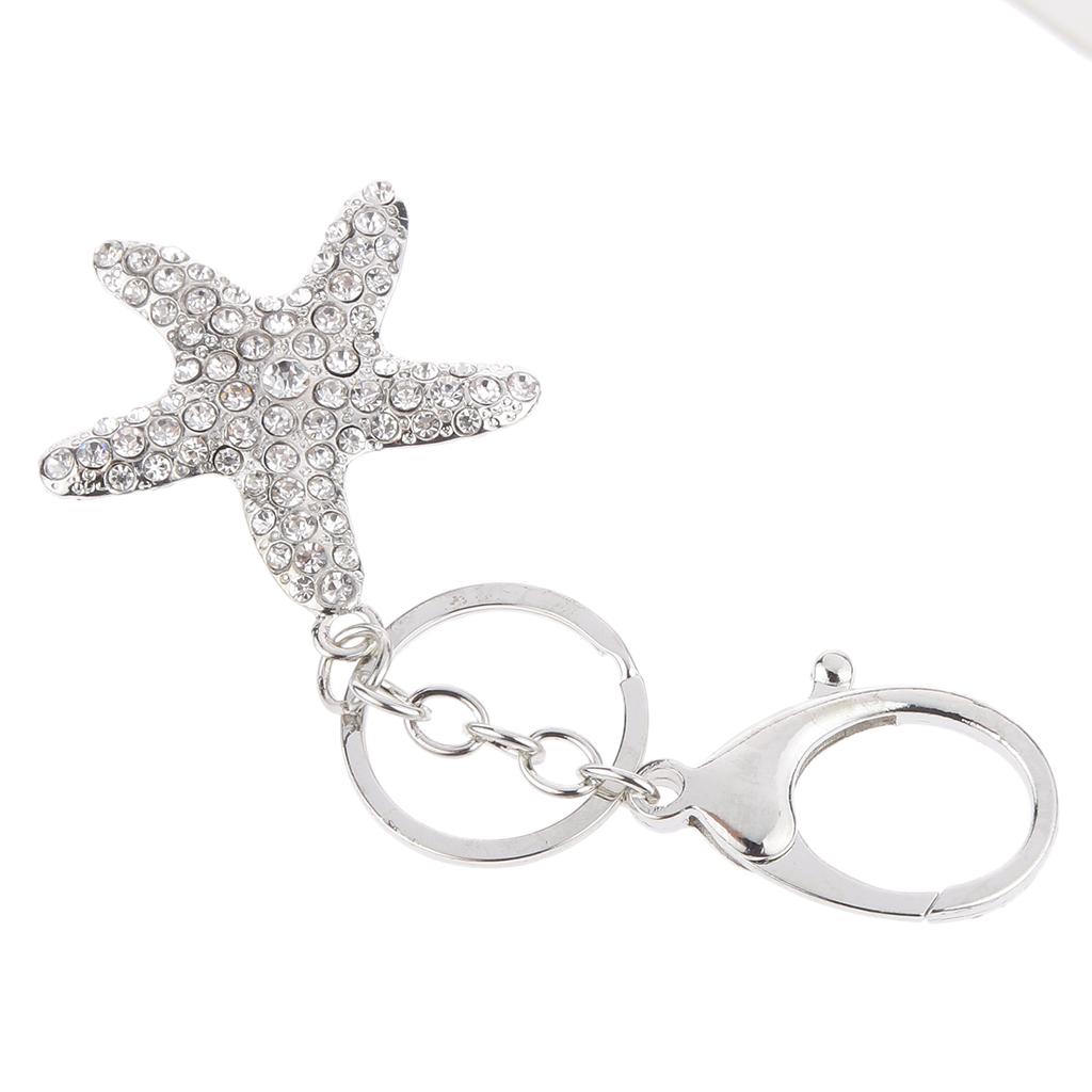 Silver Crystal Rhinestone Sea Starfish Pendant Bag Purse Keychain Key Ring
