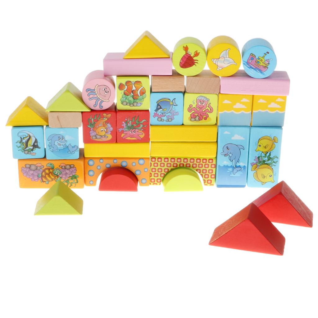 46PCS Wooden Geometry Cognitive Blocks Stacking Game Kids Toy -Marine Animal