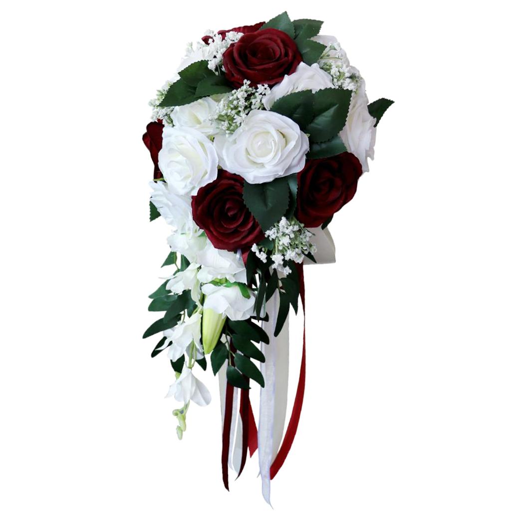 2pcs Wedding Hand Bouquet Bridal Holding Artificial Flowers White + Wine Red