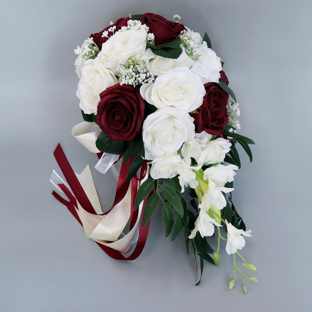 Wedding Hand Bouquet Bridal Holding Artificial Flowers White + Wine Red